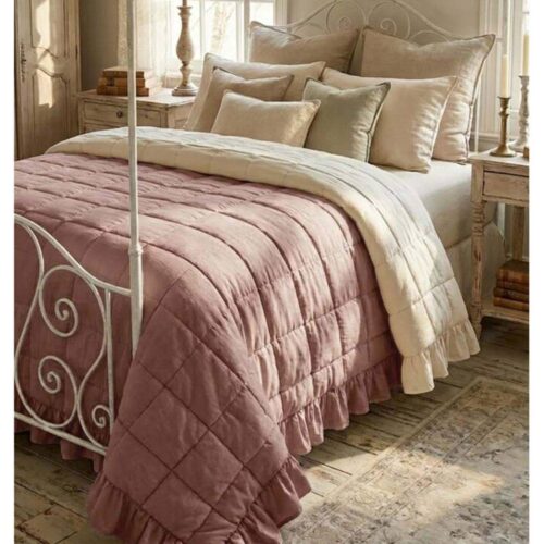 Blanc Mariclo : couette romantique bicolore avec galon rose, 260 x 260