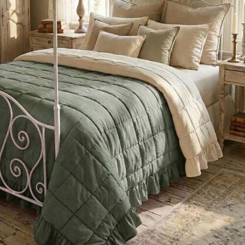 Blanc Mariclo : couette 1 place de style provençal bicolore avec bordure verte, 180 x 260