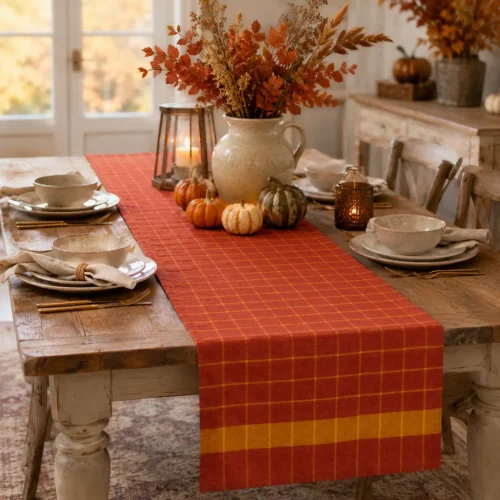 Runner da tavola Bosco Ambrato in tessuto rosso ruggine con motivo a quadri senape, stile autunnale, misura 45x140 cm.