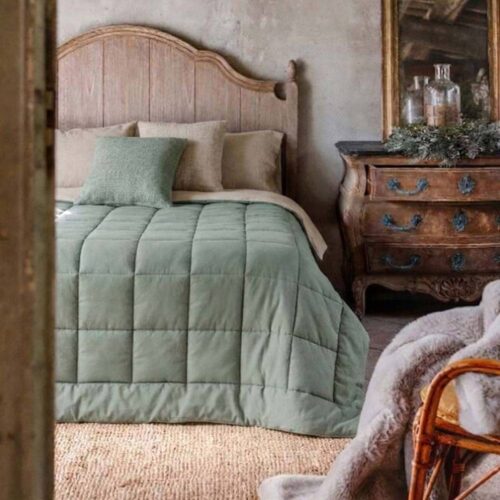 Blanc Mariclo : couette une place et demie « Country » bicolore vert sauge 220 x 260