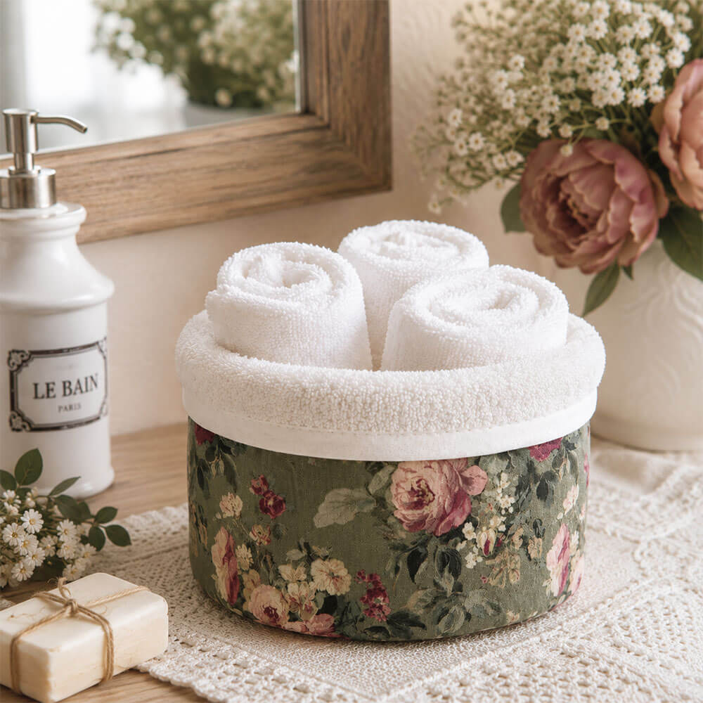 Cestino porta lavette Blanc Mariclò in cotone con rivestimento floreale verde salvia e rose rosa, completo di 3 lavette bianche morbide.