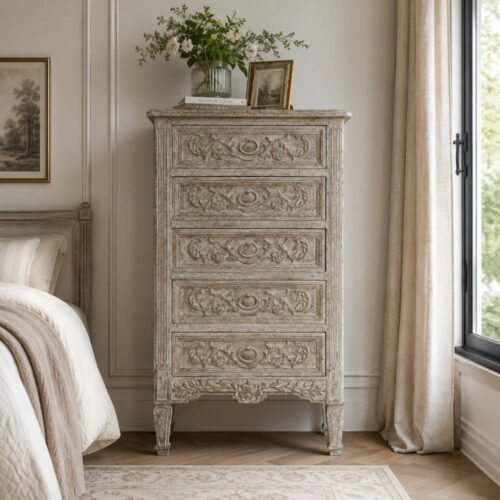 Blanc Mariclo Cassettiera Alta 5 Cassetti Intagliati Mango 54x100