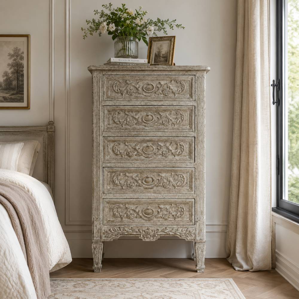 Cassettiera alta Blanc Mariclo legno mango intagliato grigio shabby chic 5 cassetti pomoli ad anello camera da letto