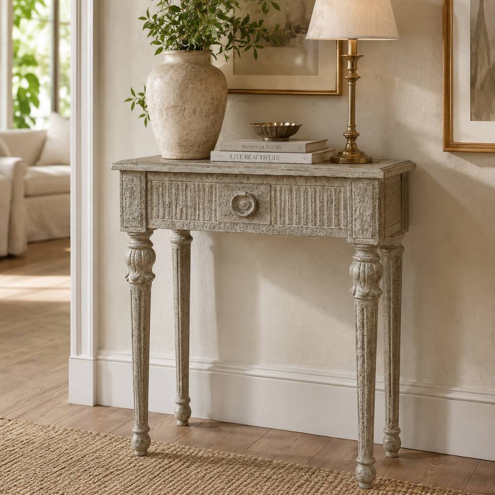 Comodino intagliato Blanc Mariclo legno mango grigio shabby chic cassetto con pomolo ad anello camera da letto