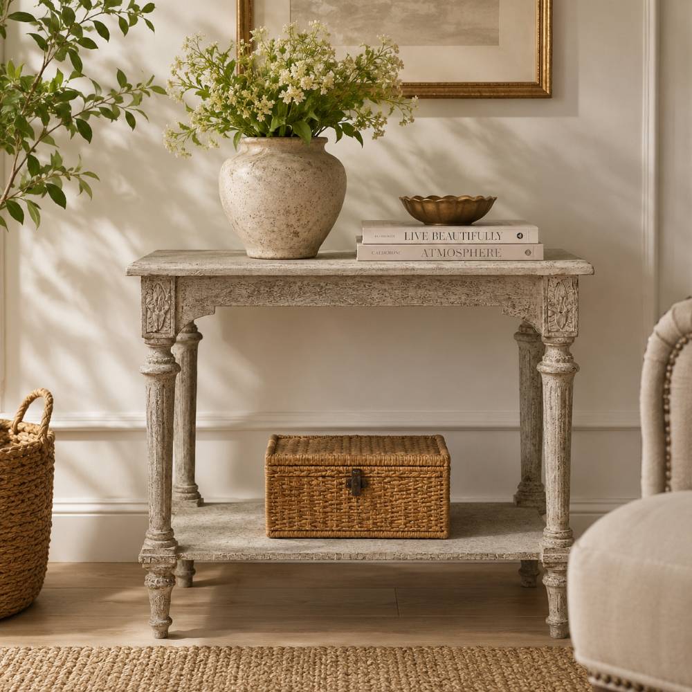 Consolle in legno intagliato grigio shabby chic Blanc Mariclo con cesto in rattan, vaso in ceramica e libri di design