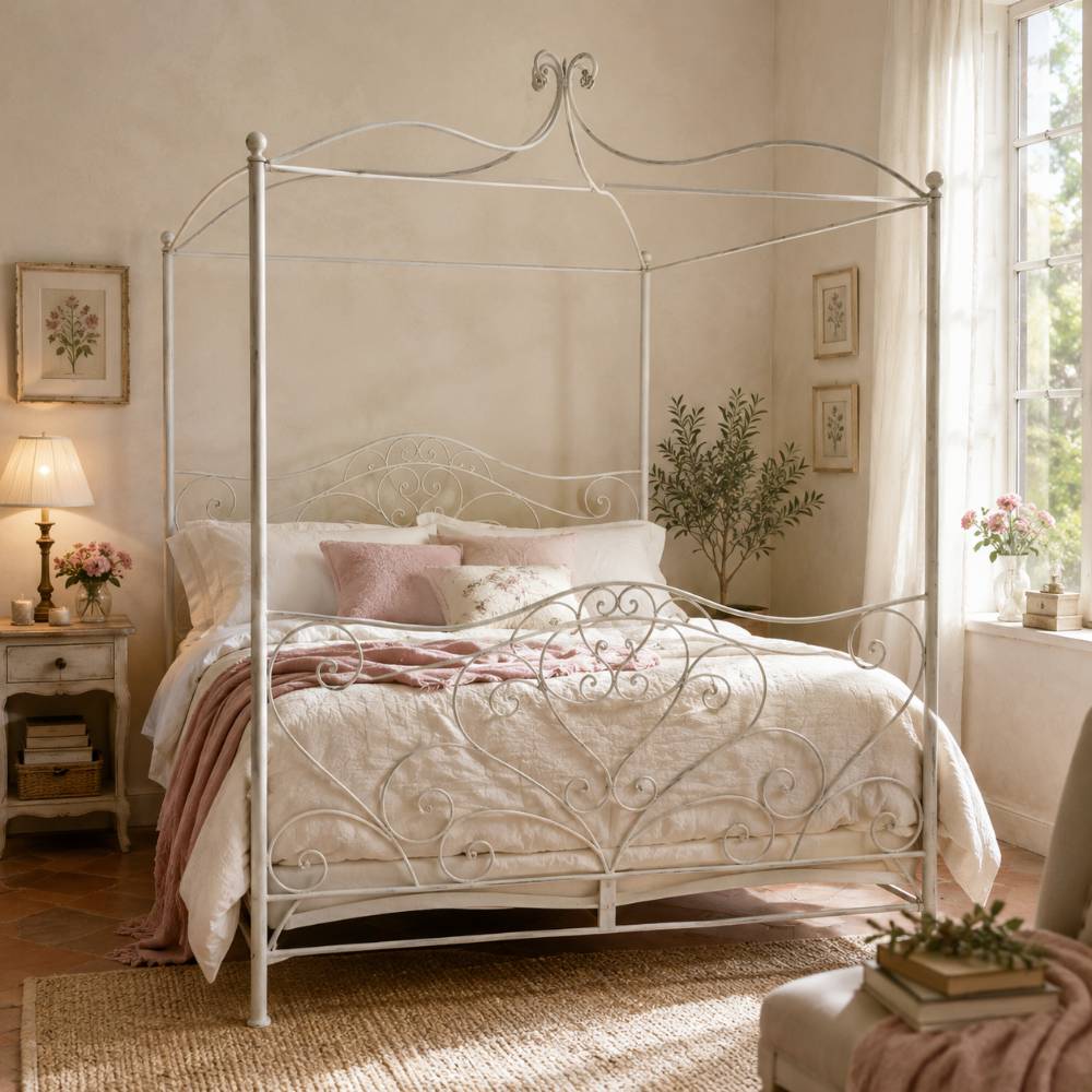 Letto matrimoniale baldacchino Blanc Mariclo ferro battuto bianco avorio volute floreali camera da letto romantica shabby chic