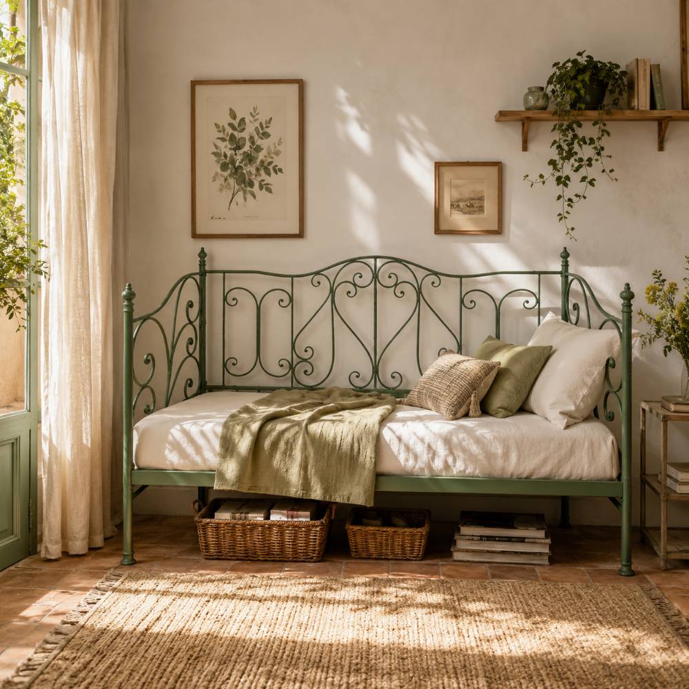 Letto singolo Blanc Mariclo ferro battuto verde salvia volute arabescate testiera pediera shabby chic camera da letto ospiti