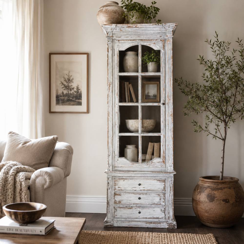 Libreria vetrina colonna Blanc Mariclo legno olmo bianco shabby 1 anta vetro ad arco 3 cassetti shabby chic corridoio studio