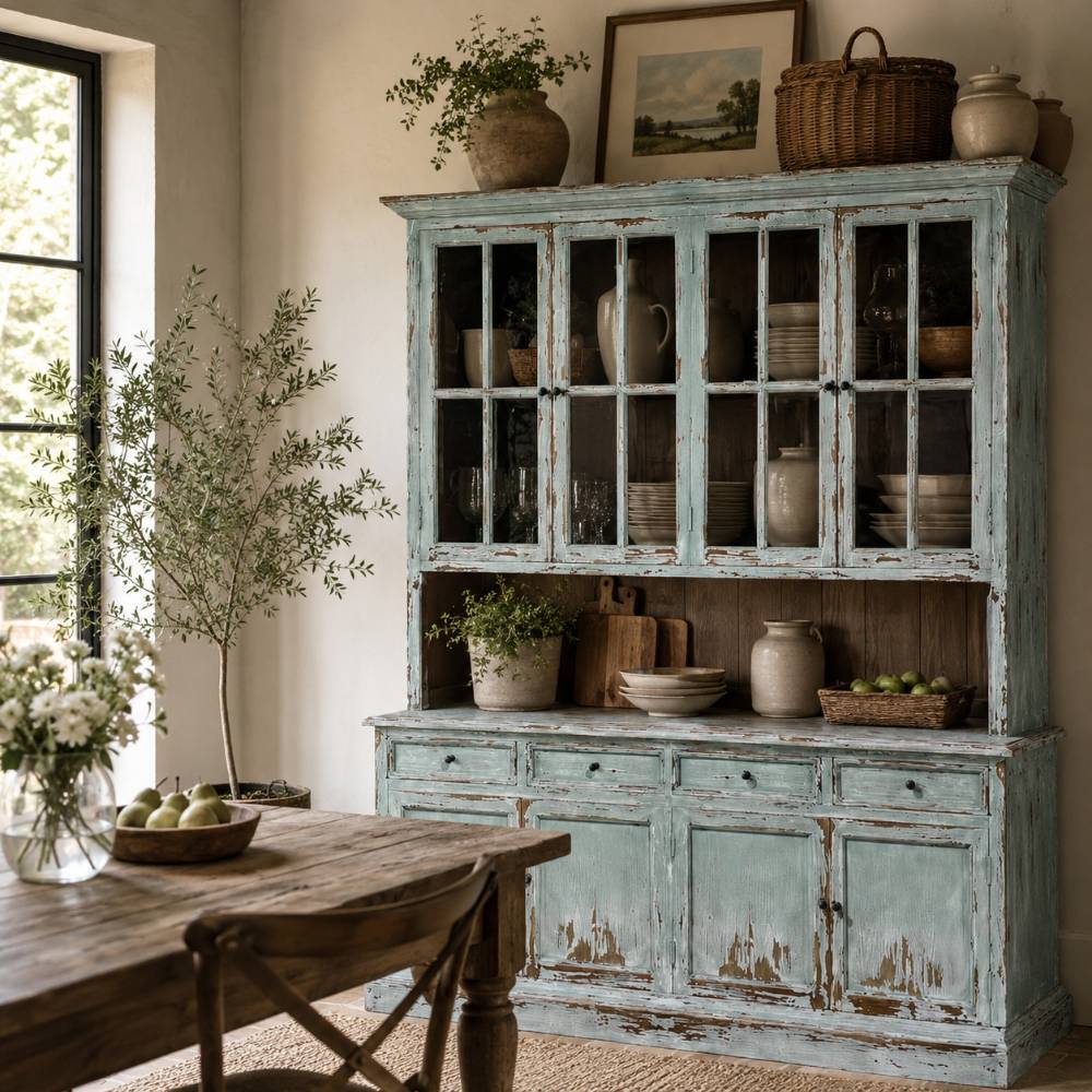 Mobile con vetrina Blanc Mariclo azzurro celadon legno cedro riciclato ante vetro cassetti shabby chic sala da pranzo ingresso