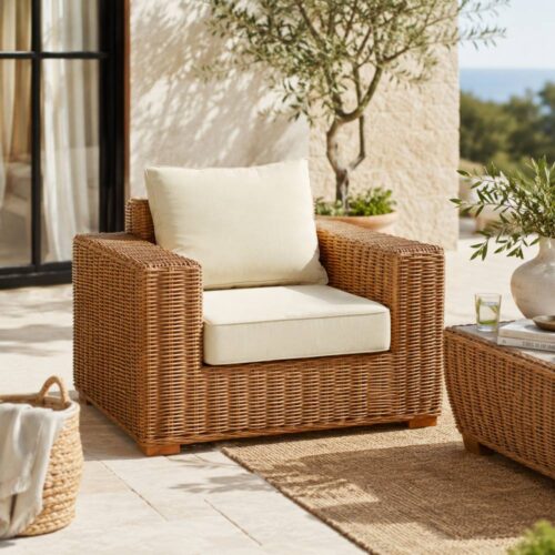 Blanc Mariclo Poltrona in Rattan con Cuscino Avorio 107x71