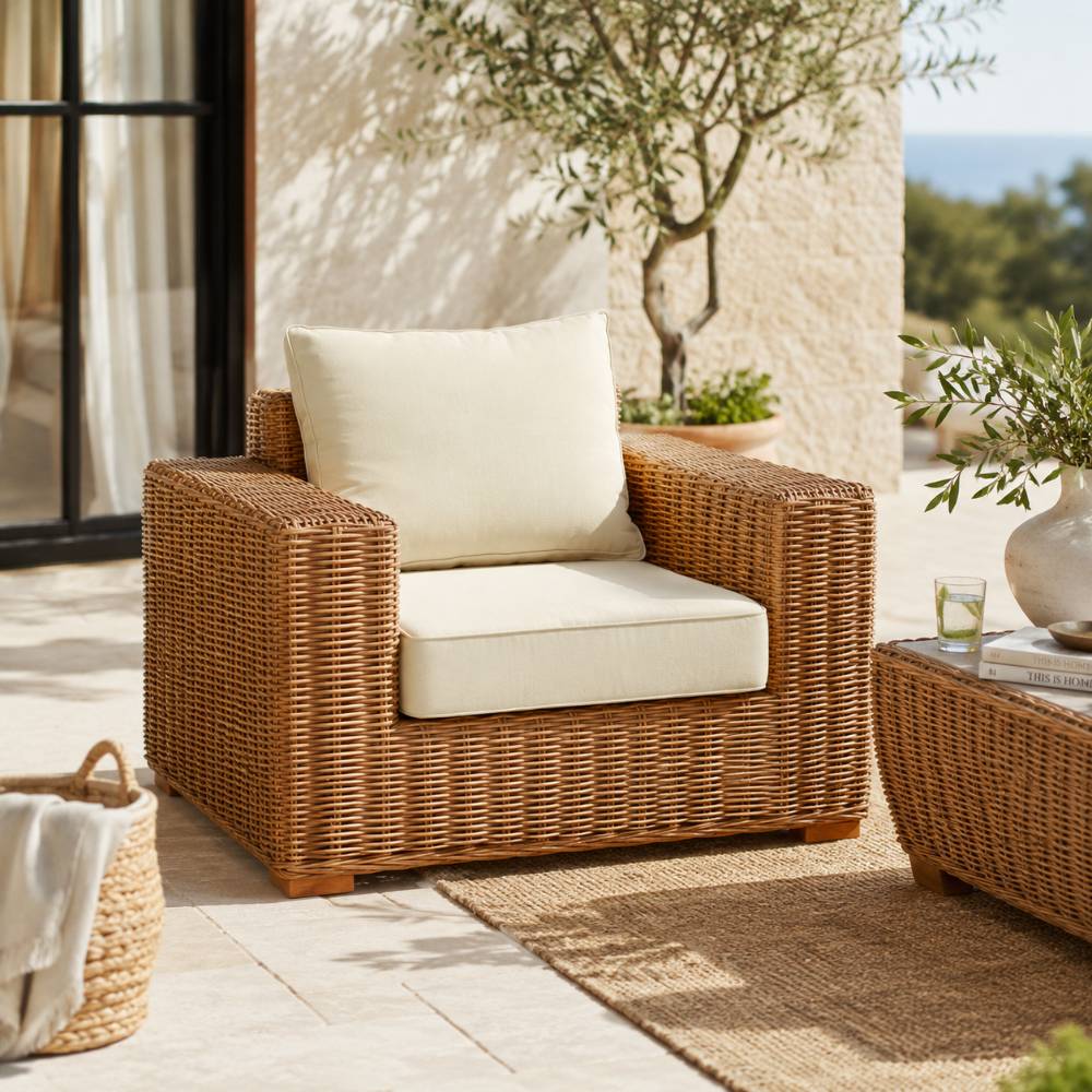 Poltrona lounge Blanc Mariclo rattan naturale cuscino cotone avorio collezione Adina shabby chic veranda salotto