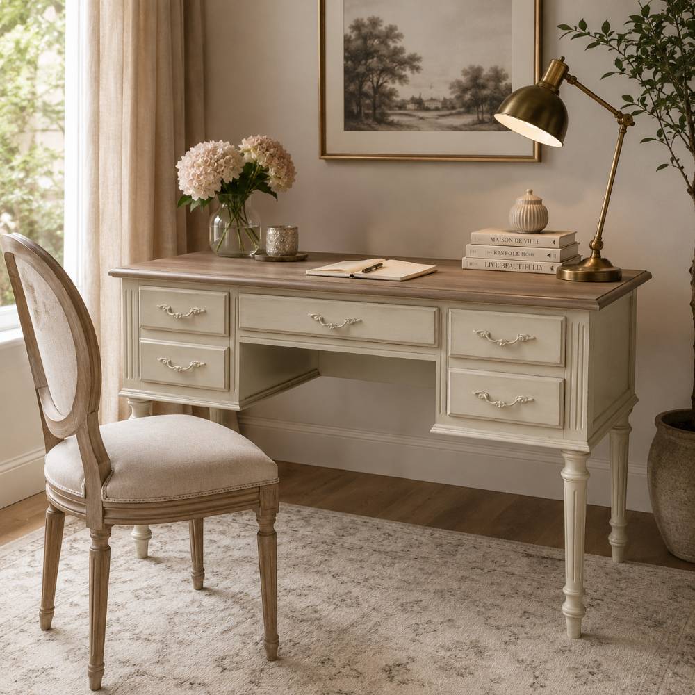 Scrittoio provenzale Blanc Mariclo legno mango bianco avorio 5 cassetti maniglie ottone anticato gambe tornite shabby chic