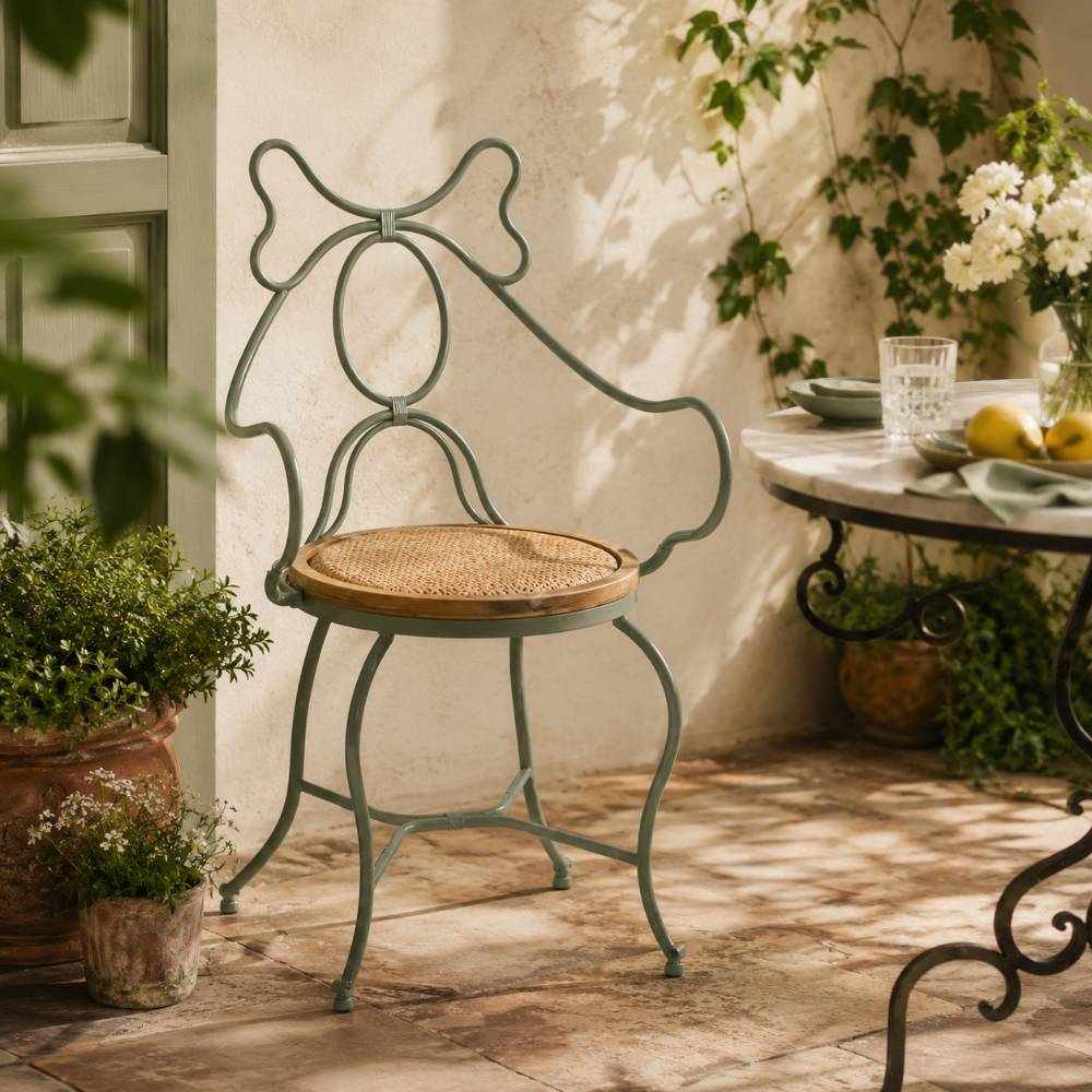 Sedia Blanc Mariclo ferro battuto verde salvia schienale fiocco seduta rattan intrecciato collezione Alma shabby chic