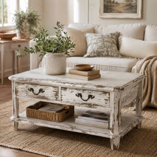 Blanc Mariclo Tavolino da Salotto Shabby Bianco 2 Cassetti 100x46