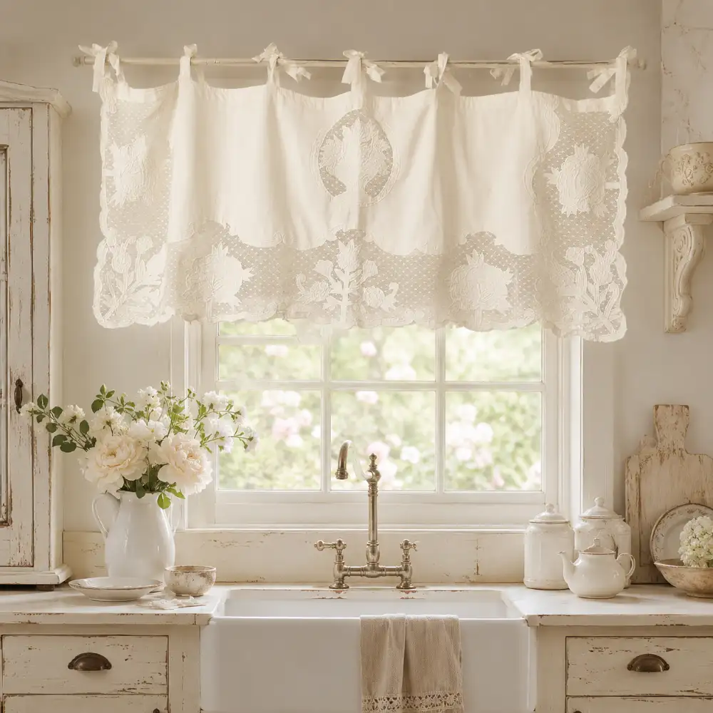 Rideau de fenêtre ivoire « L'Atelier 17 Matilde » en coton, avec des broderies florales et une bordure décorative profilée.
