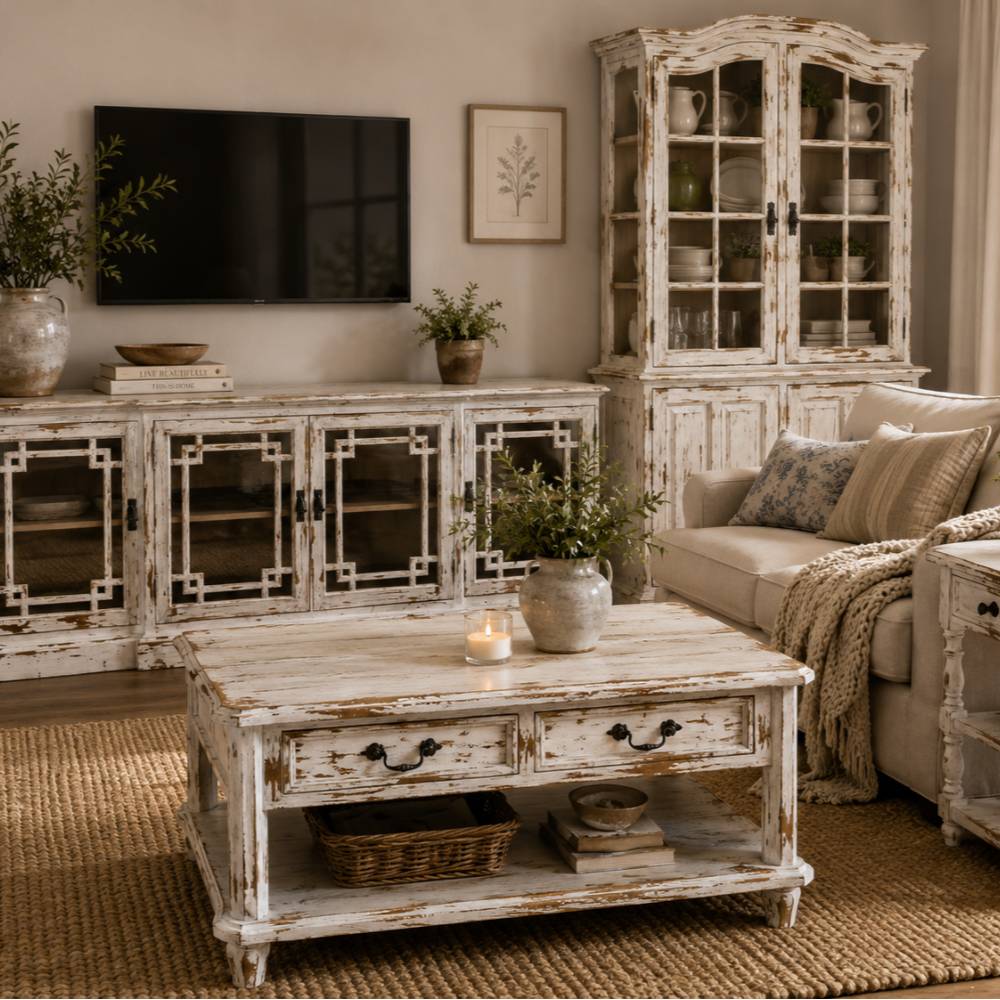 Mobili Blanc Mariclo collezione tavolino fumo comodino mobile buffet libreria legno shabby chic arredamento provenzale