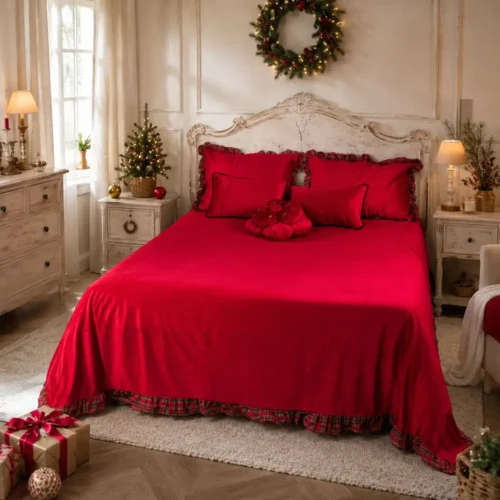 Parure de lit Bon Bon à volants tartan et 2 taies d’oreiller rouge 260x260 cm