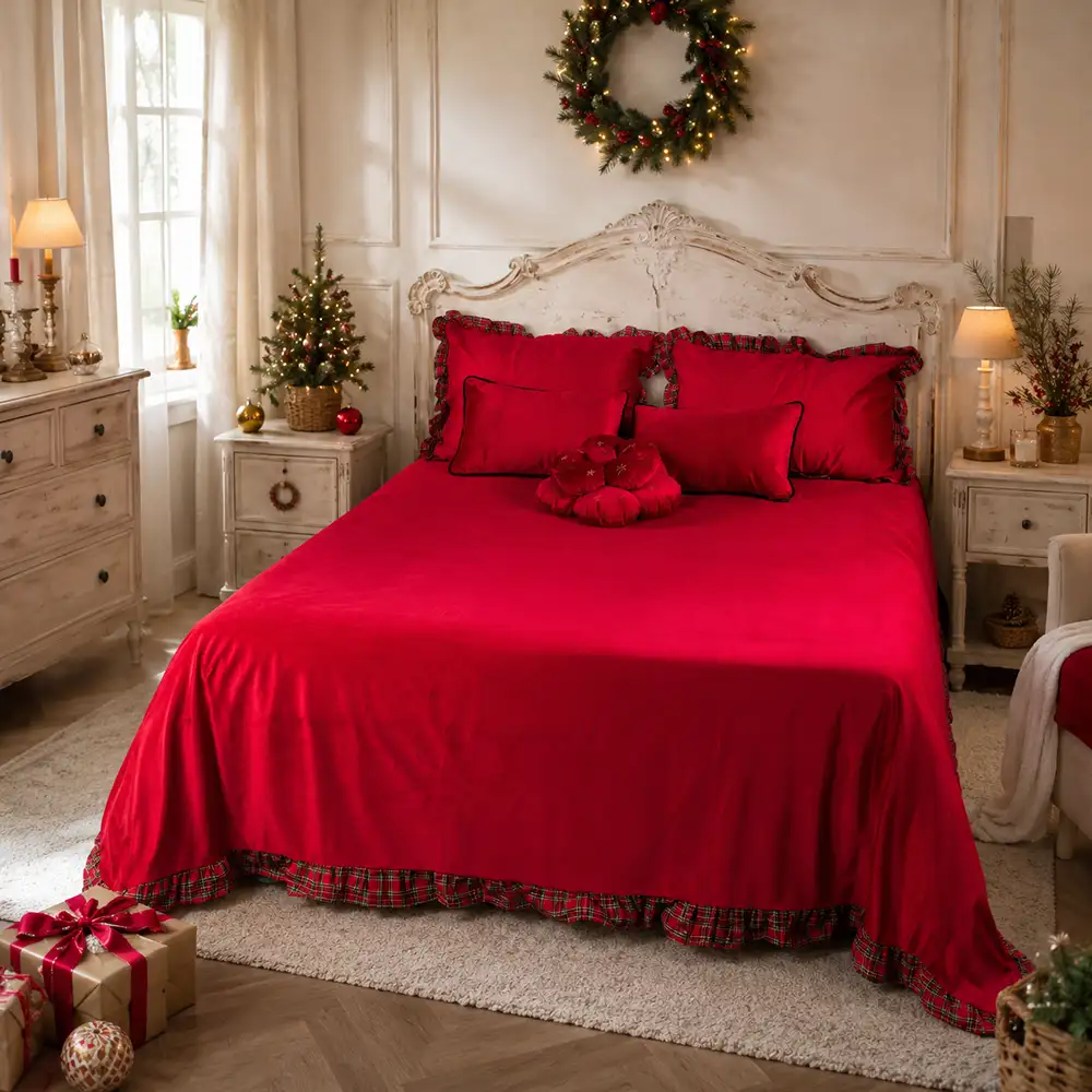 Parure de lit Bon Bon à volants tartan et 2 taies d’oreiller rouge 260x260 cm