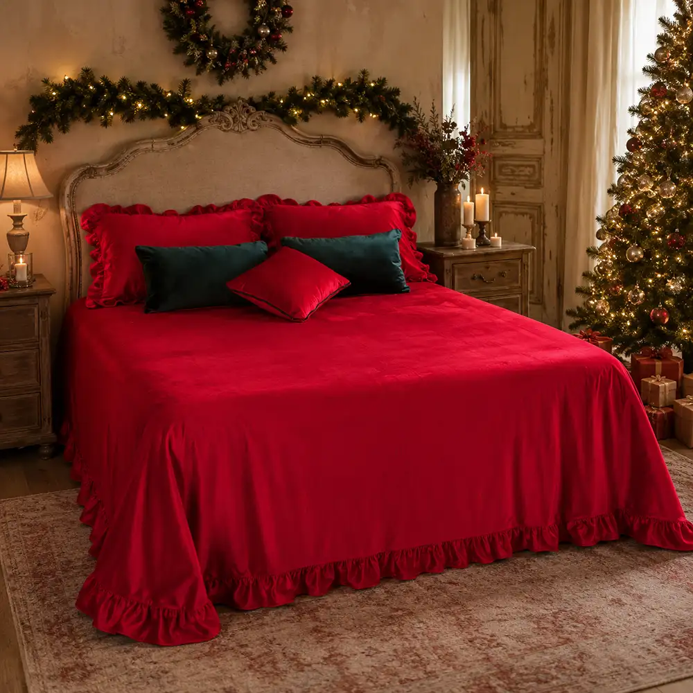 Parure de lit Violante avec volants et 2 taies d’oreiller rouge 260x260 cm