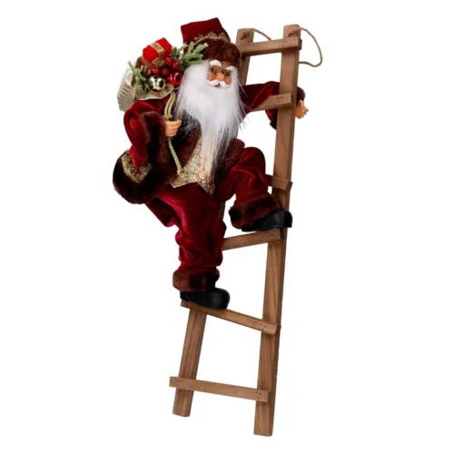 Babbo Natale decorativo su scala in legno alto 45 cm, con abito rosso, barba bianca, occhiali e sacco pieno di doni.