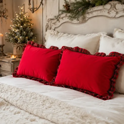 Clodette, juego de fundas de almohada Bon Bon con volantes de Tartan rojo, 50 x 80 cm