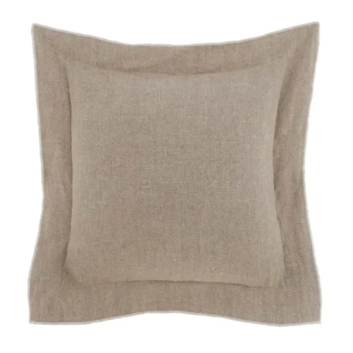 Cojín Blanc MariClò Naturelle de 45 x 45 cm, de lino beige natural, con un panel central y un amplio volante plano alrededor.