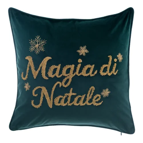 Cuscino Blanc Mariclò in velluto verde bosco con ricamo dorato "Magia di Natale" e fiocchi di neve, misura 45x45 cm.
