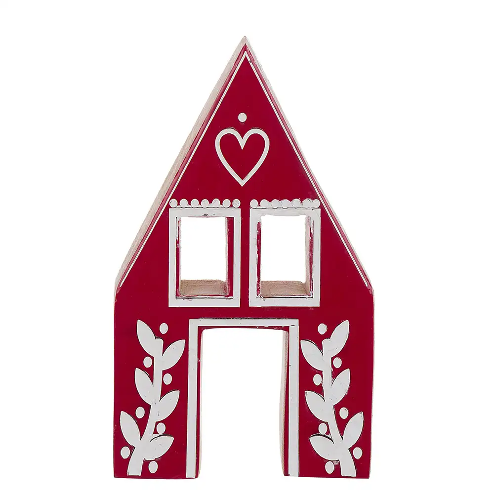 Casita decorativa «Blanc MariClo» de madera de mango rojo con ventanas caladas y adornos blancos de la colección «Navidad en Borgo».