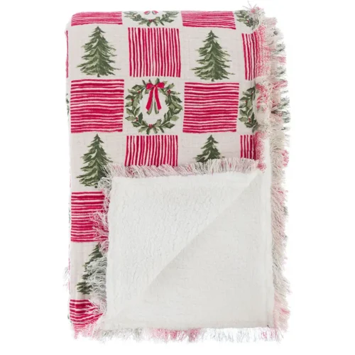 Plaid Blanc Mariclò natalizio con abeti, ghirlande, righe rosse, frange e retro bianco effetto sherpa.