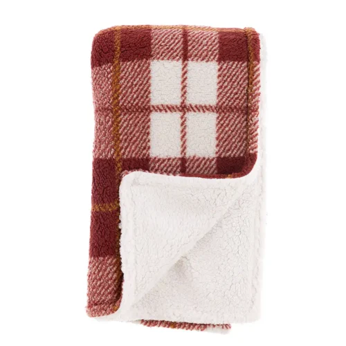 Plaid Blanc Mariclò in tessuto Sherpa con fantasia tartan color ruggine, panna e dettagli senape, retro effetto agnellato bianco, misura 140x170 cm.