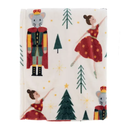 Plaid natalizio Blanc Mariclò in poliestere con stampa Favola dello Schiaccianoci, ballerine, topolini incoronati e alberi verdi su fondo avorio.