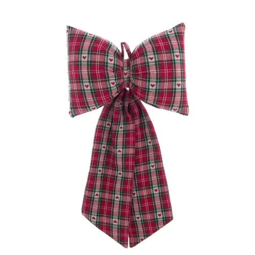 Fiocco natalizio da appendere Blanc Mariclò in cotone con fantasia tartan rosso, dettagli a piccoli cuori e lunghe code decorative, collezione Cuori Incantati.