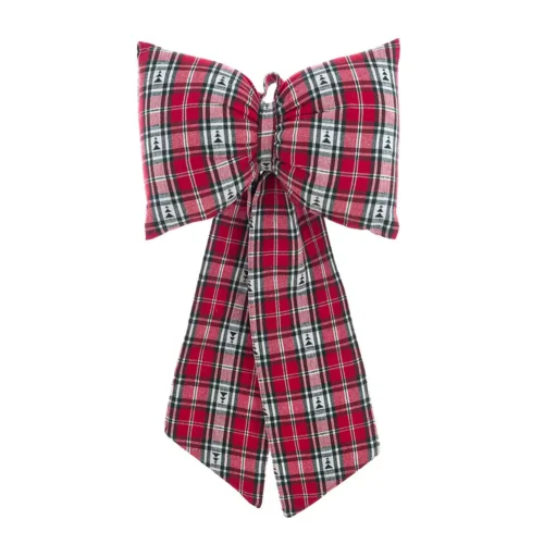 Fiocco natalizio da appendere Blanc Mariclò in cotone con fantasia tartan rosso, bianco e grigio della collezione Cuori Incantati, misura 30x50 cm.