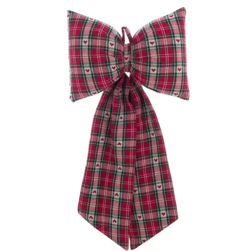 Fiocco natalizio Blanc Mariclò da appendere in cotone con fantasia tartan rossa e beige arricchita da piccoli cuori, collezione Cuori Incantati, misura 50x80 cm.