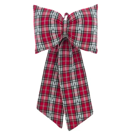 Fiocco natalizio Blanc Mariclò da appendere in cotone con fantasia tartan rossa e dettagli di piccoli alberi stilizzati della collezione Cuori Incantati, misura 50x80 cm.