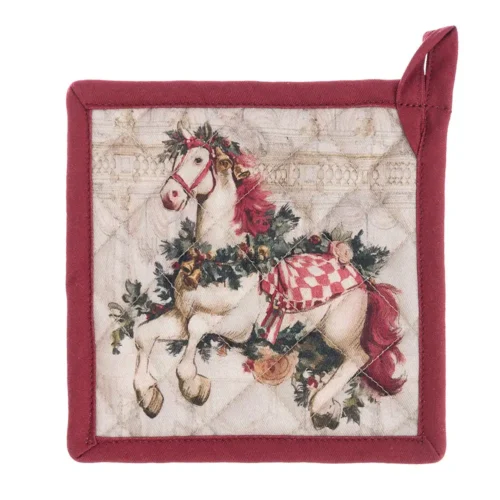 Manique de Noël « Blanc MariClò » en coton rembourré et matelassé, ornée d'un motif de cheval décoré de guirlandes de Noël, avec un bord bordeaux et une boucle permettant de la suspendre.