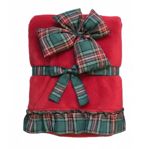 Plaid Sherpa Blanc Mariclò rosso con volant tartan e grandi fiocchi scozzesi decorativi, misura 140x170 cm.