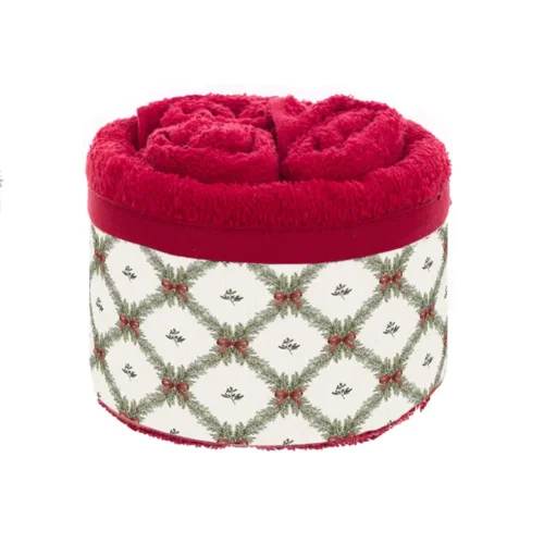 Cestino Blanc Mariclò con tre lavette in spugna rossa e fascia decorativa natalizia con ghirlande verdi e fiocchi rossi.
