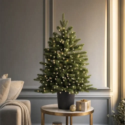 Sapin de Noël effet naturel « real touch » en pot avec 100 LED et télécommande h 90 cm