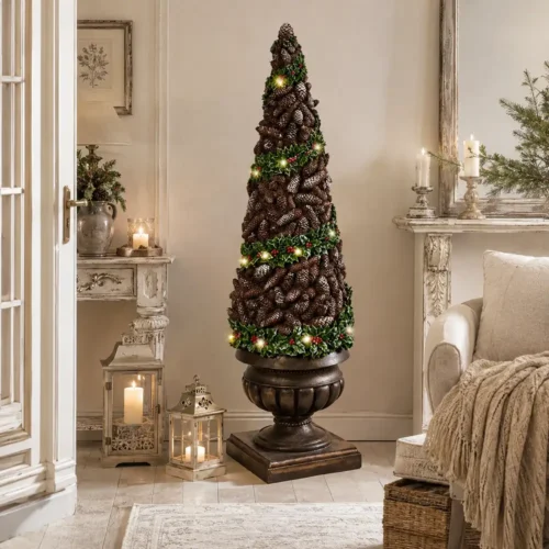 Albero decorativo di pigne in resina con LED h 145 cm