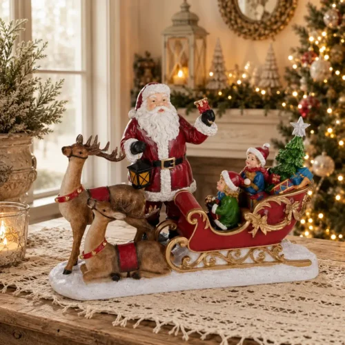 Décoration de Noël en résine avec Père Noël, rennes, traîneau rouge, enfants, cadeaux, sapin de Noël et lumières LED.