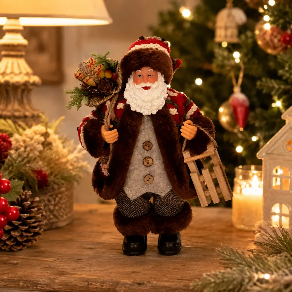 Babbo Natale di montagna alto 30 cm con cappotto rosso, slittino in legno e sacco in juta con doni e rami verdi.