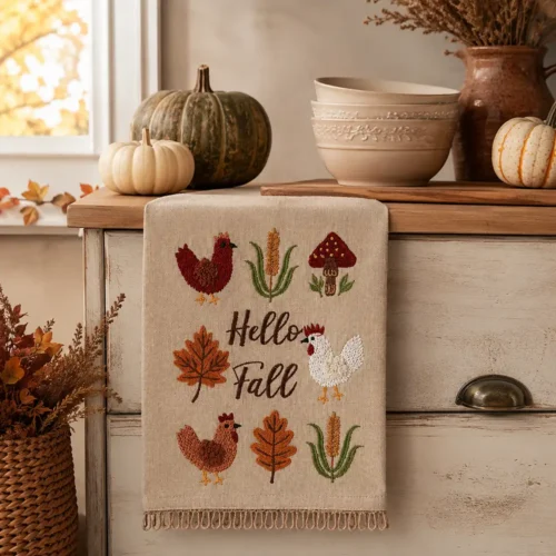 Canovaccio beige Blanc Mariclò con ricami autunnali, galline, foglie, spighe, fungo e scritta Hello Fall.