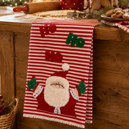 Canovaccio natalizio Blanc Mariclo a righe rosse e bianche con Babbo Natale e scritte “Ho Ho Ho”.