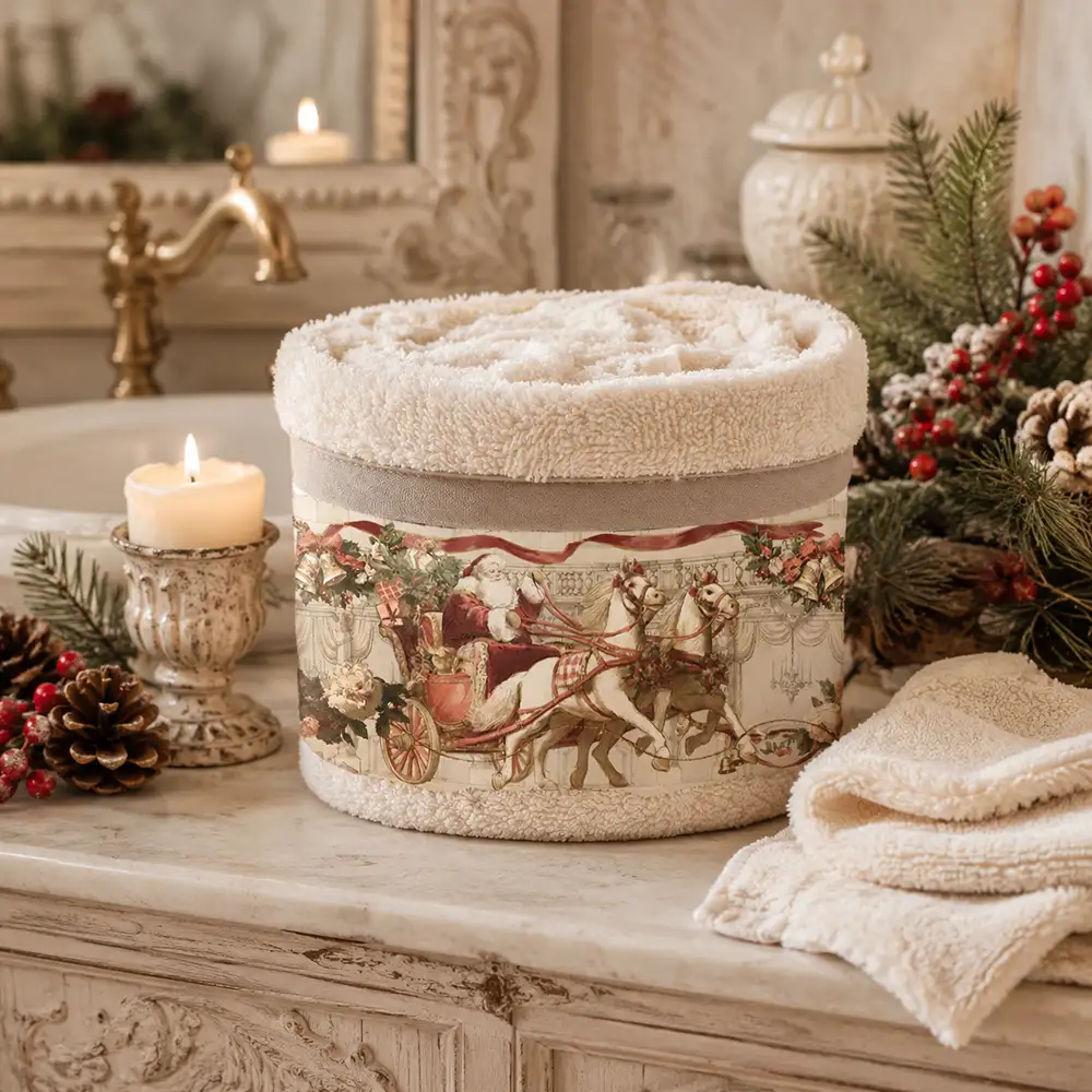 Panier « Blanc MariClo » beige en éponge douce, comprenant trois lavettes 100 % coton et une bande décorative représentant le Père Noël dans un attelage tiré par des chevaux, issu de la collection « Calessi e Calessini ».