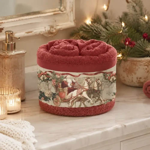 Cestino Blanc Mariclò in spugna rossa con tre lavette in 100% cotone e fascia decorativa raffigurante Babbo Natale su una carrozza trainata da cavalli della collezione Calessi e Calessini.