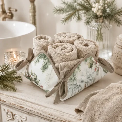 Cesta para paños de Blanc Mariclo con cuatro paños de esponja beige y forro de tela estampada de estilo Shabby Chic con ramas de pino, acebo, bayas rojas y lazos color gris paloma.