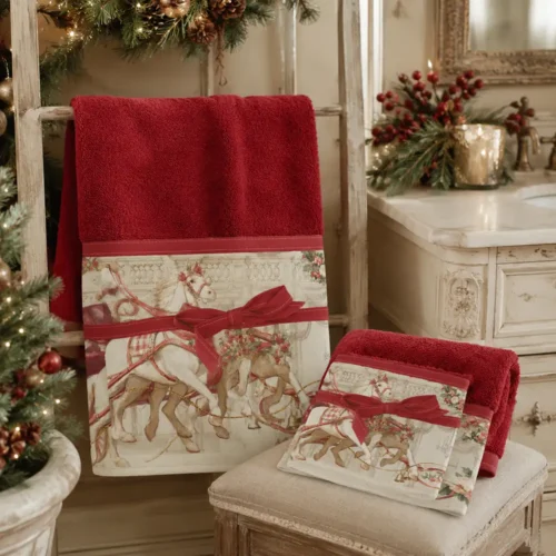 Coppia di asciugamani Blanc Mariclò in spugna rossa con balza decorata da una stampa romantica di carrozza trainata da cavalli, dettagli floreali e fiocco rosso della collezione Calessi e Calessini.