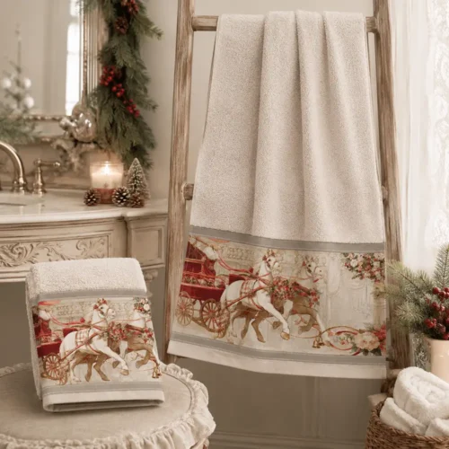 Coppia di asciugamani Blanc Mariclò in spugna di cotone color avorio con balza decorata da una stampa romantica di carrozza con cavalli, dettagli floreali e fiocco tortora della collezione Calessi e Calessini.
