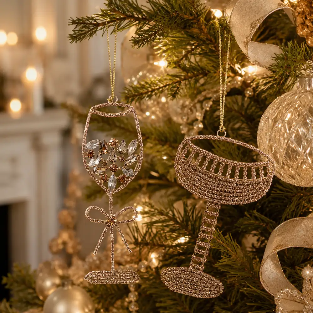 Coppia di decorazioni natalizie Blanc Mariclò a forma di calici color champagne con struttura in metallo glitterato e cristalli decorativi, collezione Casa delle Feste.